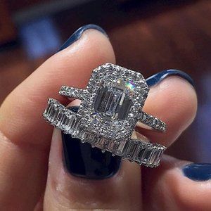 💍 Engagement Radiant CZ Micro Pave Silver Plated Wedding Ring SUNVN12329